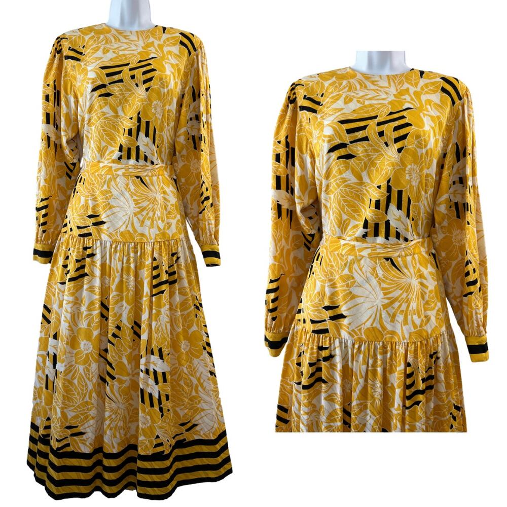Vintage Julie Frances Yellow Abstract Silk Midi Skirt Long Sleeve Top Set Size 6